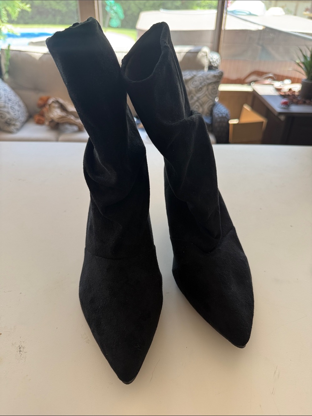 New Black Faux Suede Pointed Toe Slouch Stiletto Booties Heels Size 8 (EU 39)⁠